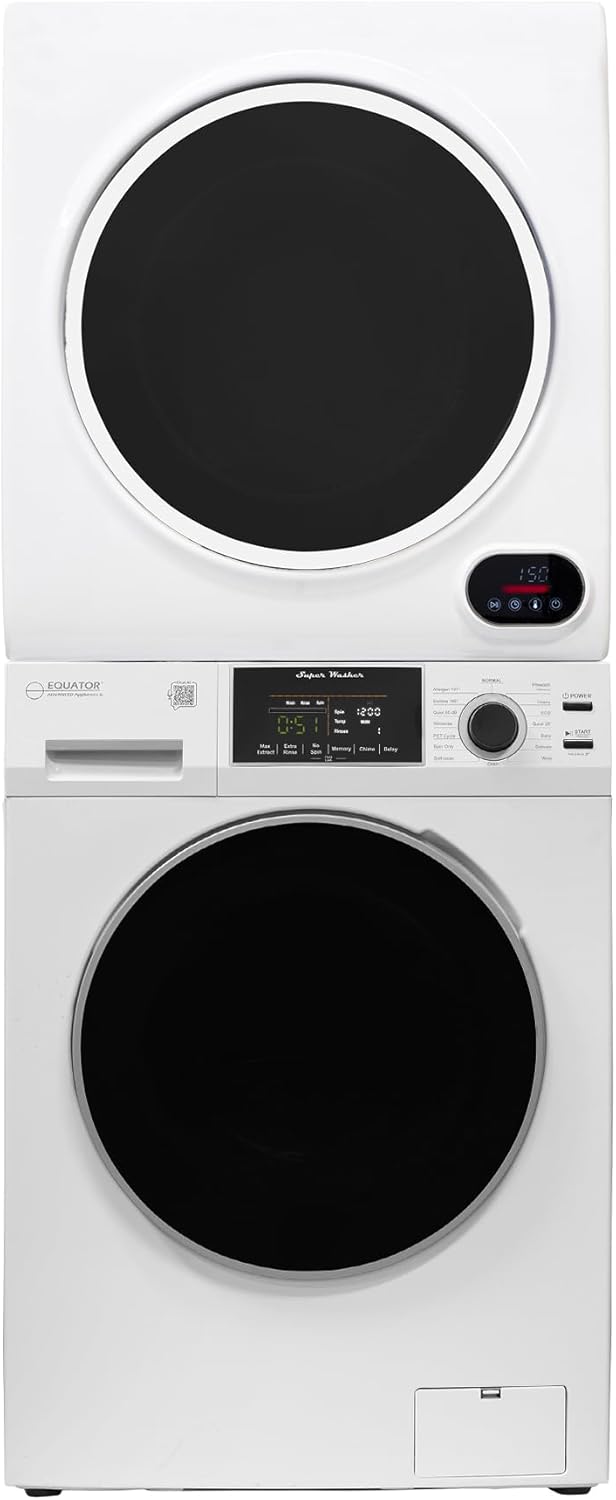 Equator Premium Stackable 15 Lbs Washer 1.62cf 110V+Vented Digi Dryer 3.5cf 110V in White