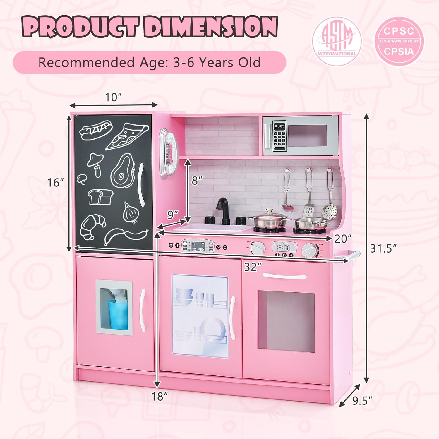 Costzon Kids Kitchen Playset, Wooden Pretend Cooking Toy Set w/Realistic Sound, Large Blackboard, Telephone, Microwave, Ice Maker, Dishwasher, Oven, Storage Space, Play Kitchen for Kids Ages 3+ (Pink)