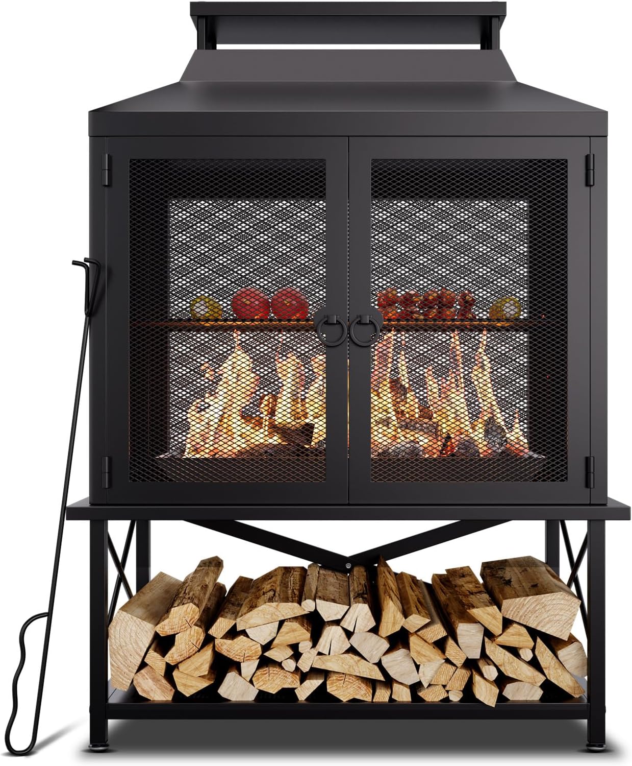 Outdoor Chiminea Fire Pit with Grill and Wood Storage, Large Wood Burning Fireplace for Outside with Chimney, Mesh Spark Screen Door & Fire Poker, Ideal for Patio, Backyard, Garden, and Camping