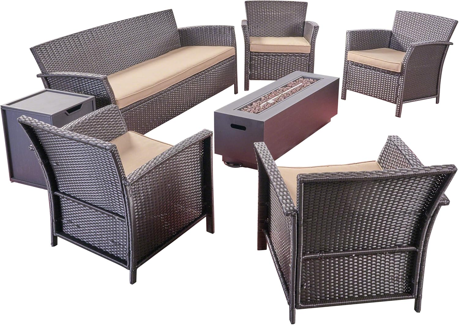 Great Deal Furniture GDFStudio Outdoor 7 Seater Wicker Chat Set with Fire Pit, Brown and Tan and Dark Gray
