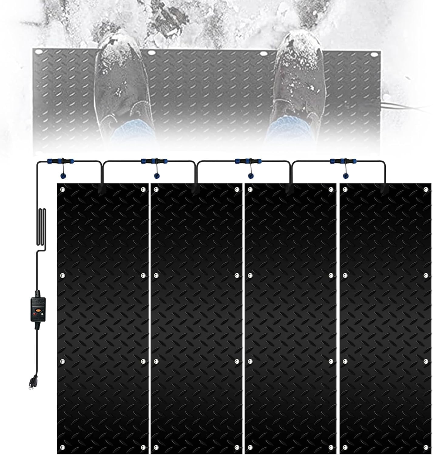 Heated Snow Melting Mats, Outdoor Slip Proof Ice Heated Rubber Mat, 2 in/h Speed Snow and Ice Heated Pad for Winter Outdoor Stairs, Steps, Doorways, Walkways, Driveway(4 Pcs,30x150cm/12x60in)