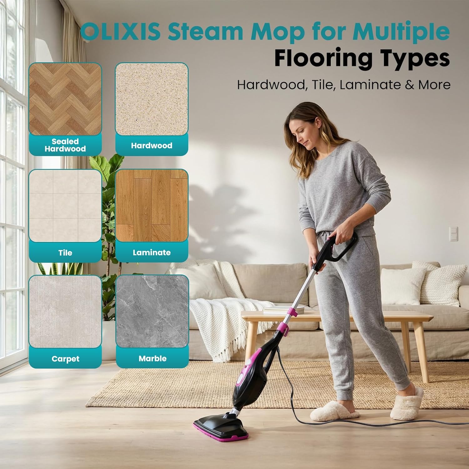 OLIXIS 10-in-1 Steam Mop, 1550W Detachable Handheld Steam Cleaner for Floor Cleaning, 16.4FT Cord, 2 Washable Pads, Multi-Purpose Floor Steamer for Hardwood, Carpet, Tile, Grout, Windows, Black Pink
