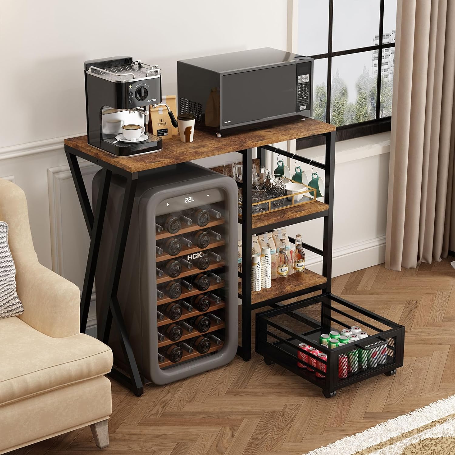 Kitchen Bakers Rack with Movable Basket, Coffee Bar Cabinet with Mini Fridge Space, Beverage & Wine Fridge Stand, Kitchen Storage Organizer with Worktop, Microwave Oven Stand for Home, Dorm, Office