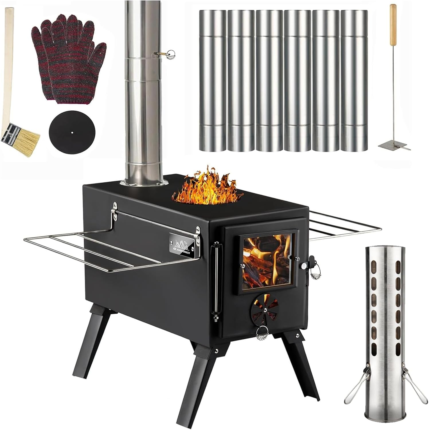 Hot Tent Stove,AVOFOREST Wood Burning Stove,Small Wood Stove with 7 Stainless Chimney Pipes for Outdoor Heating & Cooking, Ice Fishing, Hunting