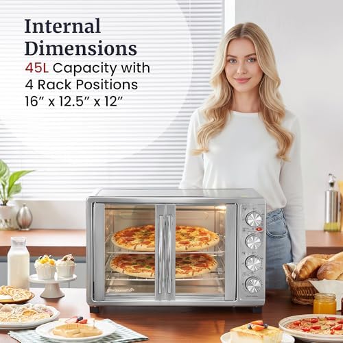 Elite Gourmet ETO-4510M French Door 47.5Qt, 18-Slice Convection Oven 4-Control Knobs, Bake Broil Toast Rotisserie Keep Warm, Includes 2 x 12