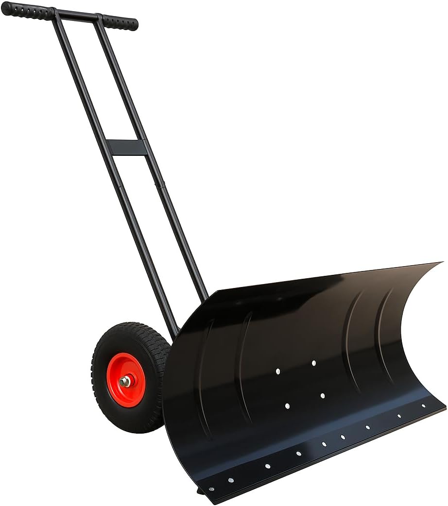 Wheeled Snow Pusher with Dual Handles, 29-Inch Wide Heavy-Duty Steel Blade, Adjustable Height Handle, Non-Slip Tires for Driveway, Sidewalk, Outdoor Snow Shovel Tool
