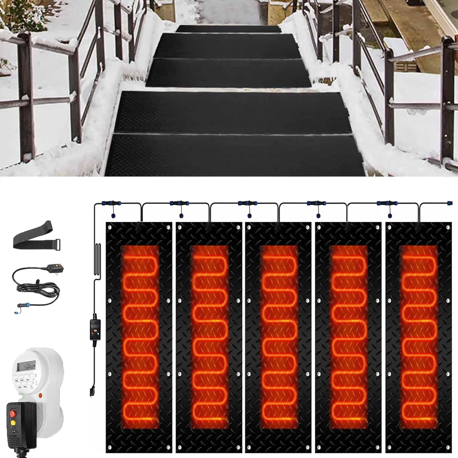 Snow Melting Mats Outdoor with Timer, 1/2/3/4/5 Pcs Heated Snow Melting Mats for Entrances,Heated Snow Melting Mats Driveway Walkway,Electric Snow Melting Mats(5 Pcs,10x30in/(25.4x76.2cm))