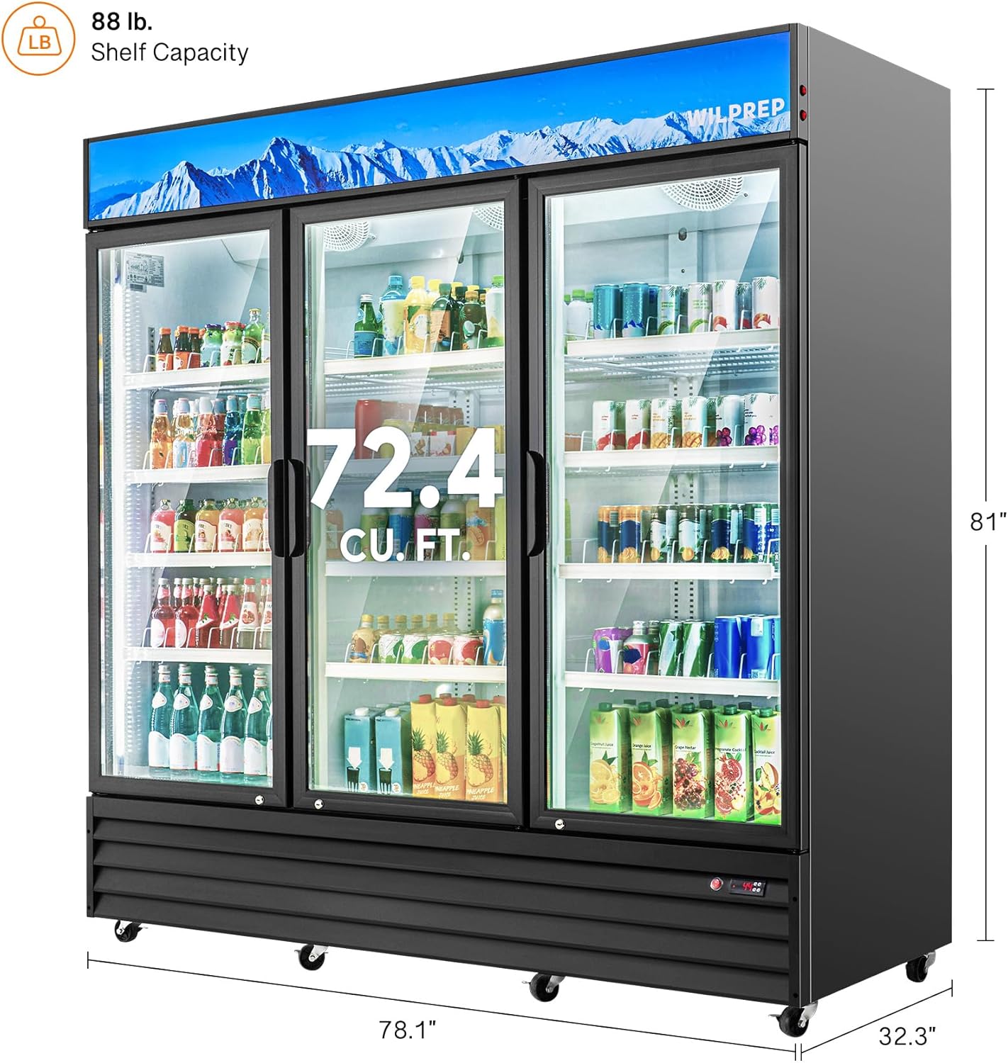 Wilprep Commercial Merchandiser Refrigerator, Upright Beverage Refrigerator with 3 Glass Door, ETL Fog Free Display Refrigerator Cooler 72.4 cu. ft. with LED Lighting for Retail Drinks Soda