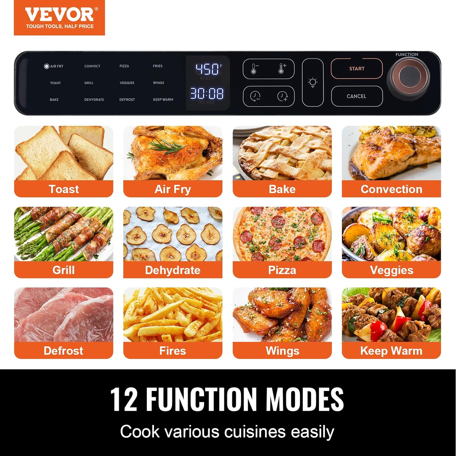VEVOR 12-IN-1 Air Fryer Toaster Oven, 25L Convection Oven, 1700W Toaster Ovens Countertop Combo with Grill, Pizza Pan, Gloves, 12 Slices Toast, 12-inch Pizza, Home and Commercial Use (Grey)
