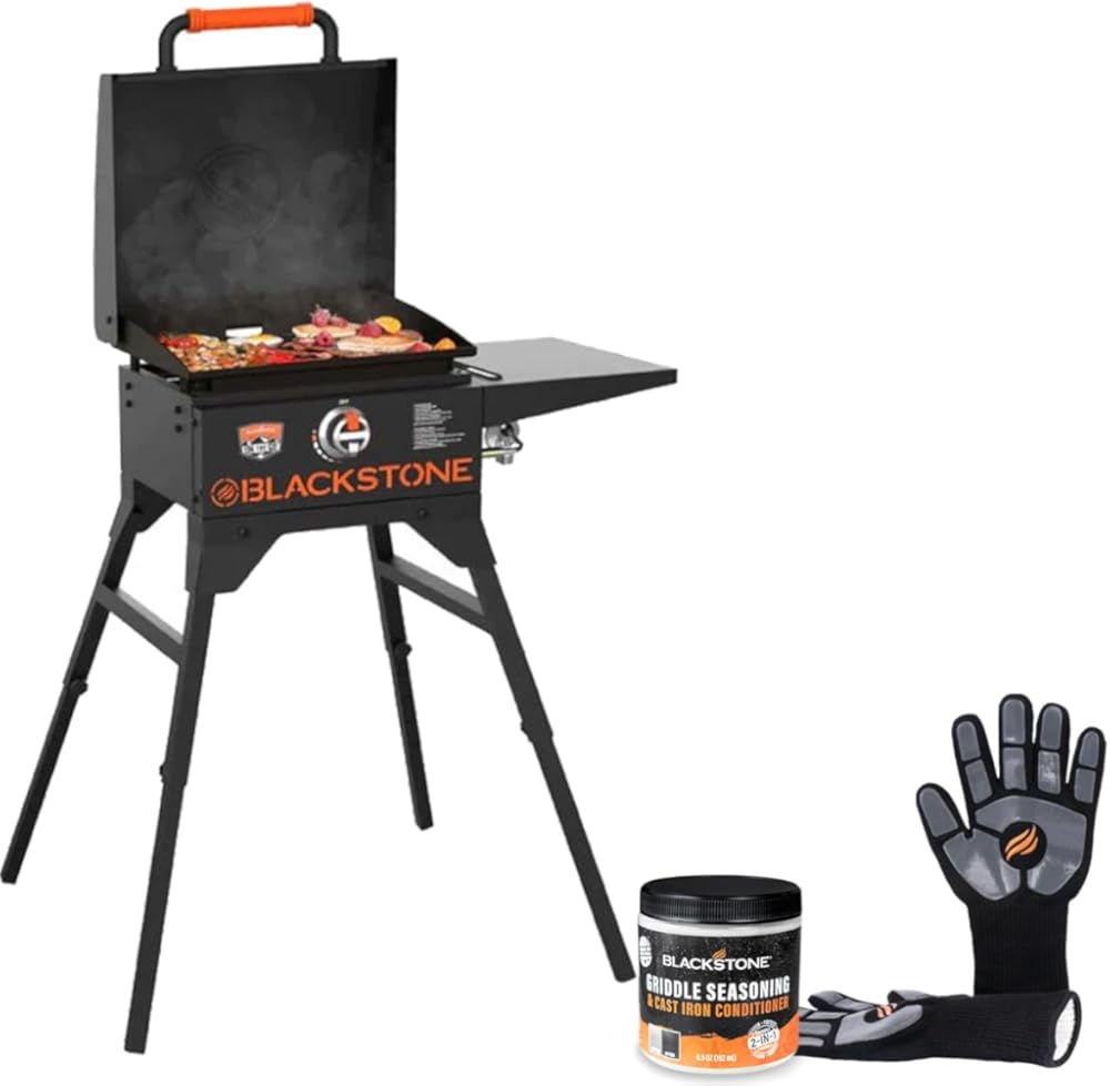 17 Inch Blackstone Griddle with Hood and Cart 1939, Flat Top Grill Outdoor Propane Portable Gas Grill, with Blackstone Gloves and Griddle Seasoning