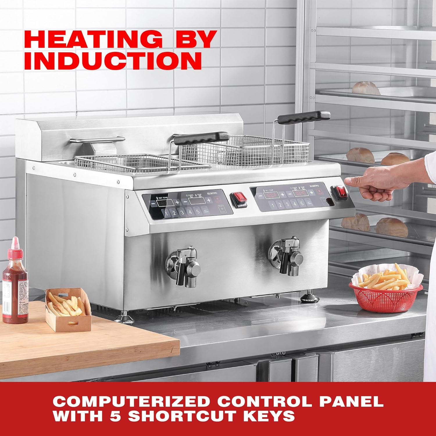 EGGKITPO 240V 7000W Commercial Induction Fryer 12L×2(25.4 QT) Electric Deep Fryer with Solid Baskets, 60 Minutes Timer Oil Drain Stainless Steel Bulid for Large Restaurant or Business Use