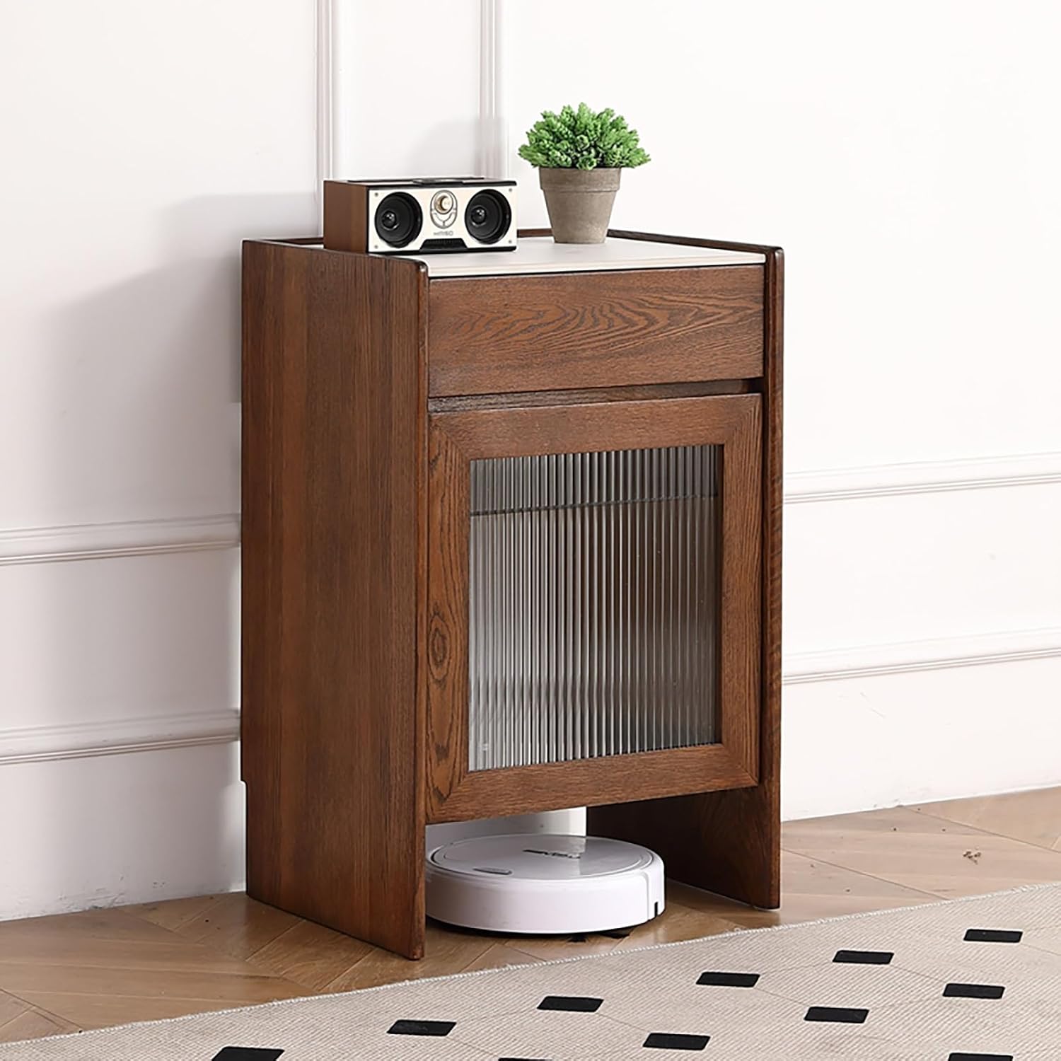 Robot Vacuum Stand Cabinet, Mobile Robot Vacuum Storage Cabinet Side Table, Smart Floor Sweeper Hidden Storage Rack Multi Tier End Cabinet for Living Room Kitchen(Brown)