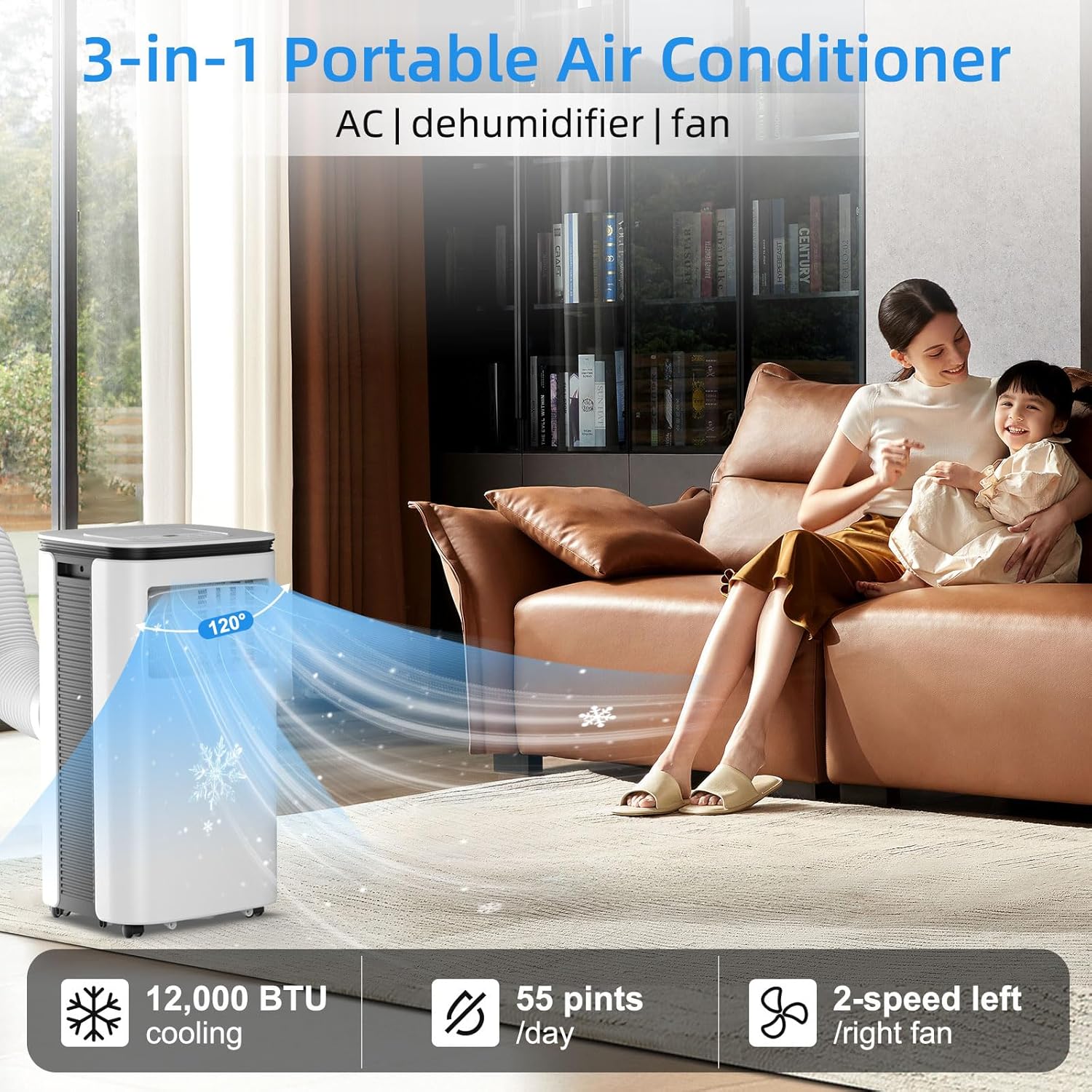 Portable Air Conditioner 12000 BTU - 2025 Upgraded, Cools 550 Sq.Ft, 3-IN-1 Free Standing Cooling AC Unit with Fan & Dehumidifier, Sleep Mode, 24H Timer, Auto Swing, Window Kit Included