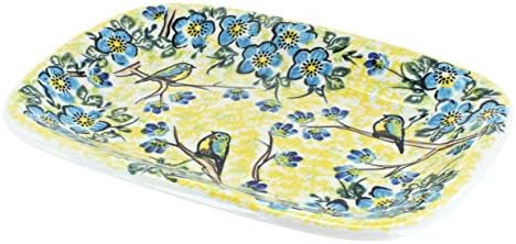 Blue Rose Polish Pottery - Yellow Bluebird Garden Small Rectangular Serving Platter - 9.75