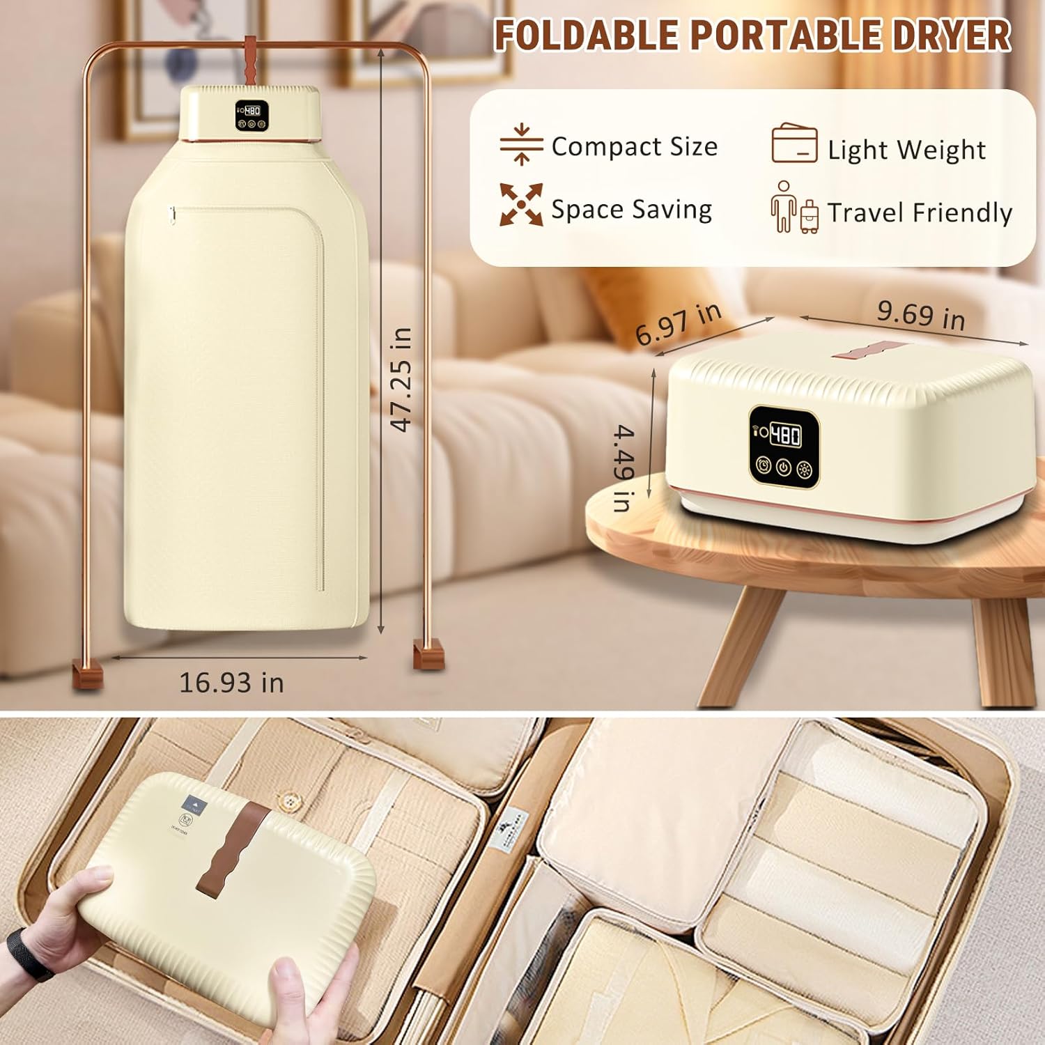 Portable Clothes Dryer Hold 9-12 Items, 8H Timer, w/Remote Control & Dry Bag, Mini Compact Foldable Fast Electric Dryer Machine for Laundry, Travel, Apartment, RV, Dorm, Low Noise, Energy Saving, 600W