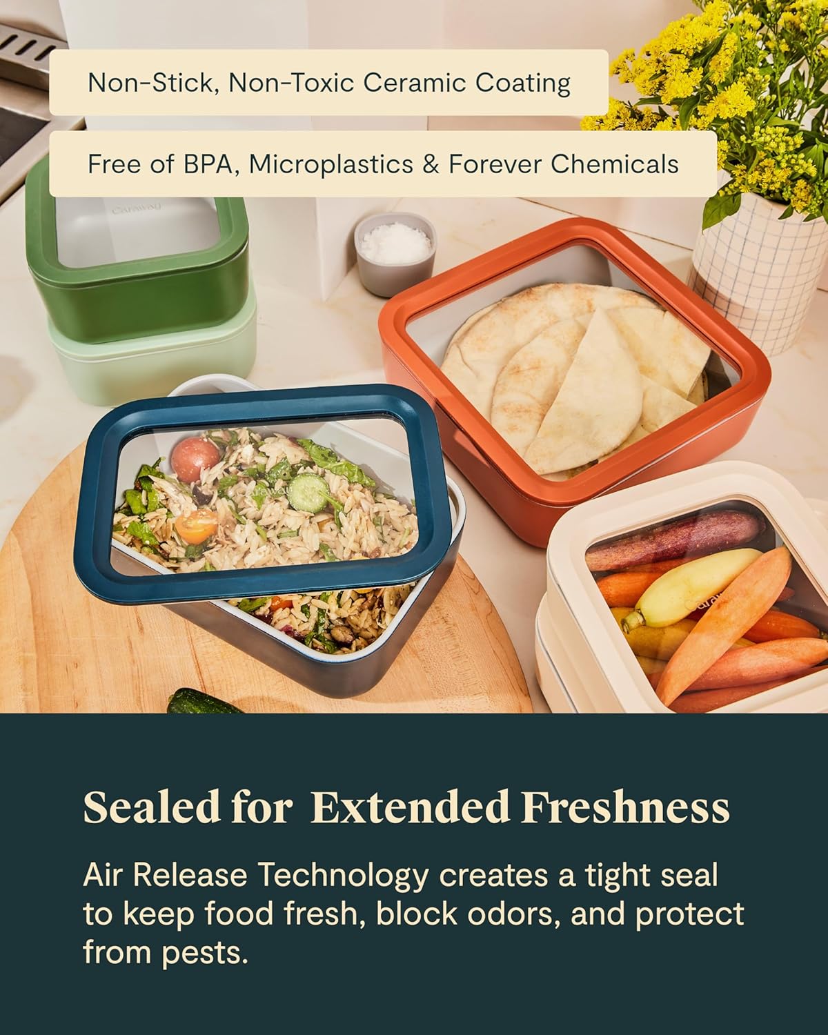 Caraway 3pc Glass Food Storage Set - 10, 6.6, & 4.4 Cup Containers - Ceramic Coated - Non-Toxic Non-Stick Lunch Box With Glass Lids - Dishwasher, Oven, & Microwave Safe - Gray