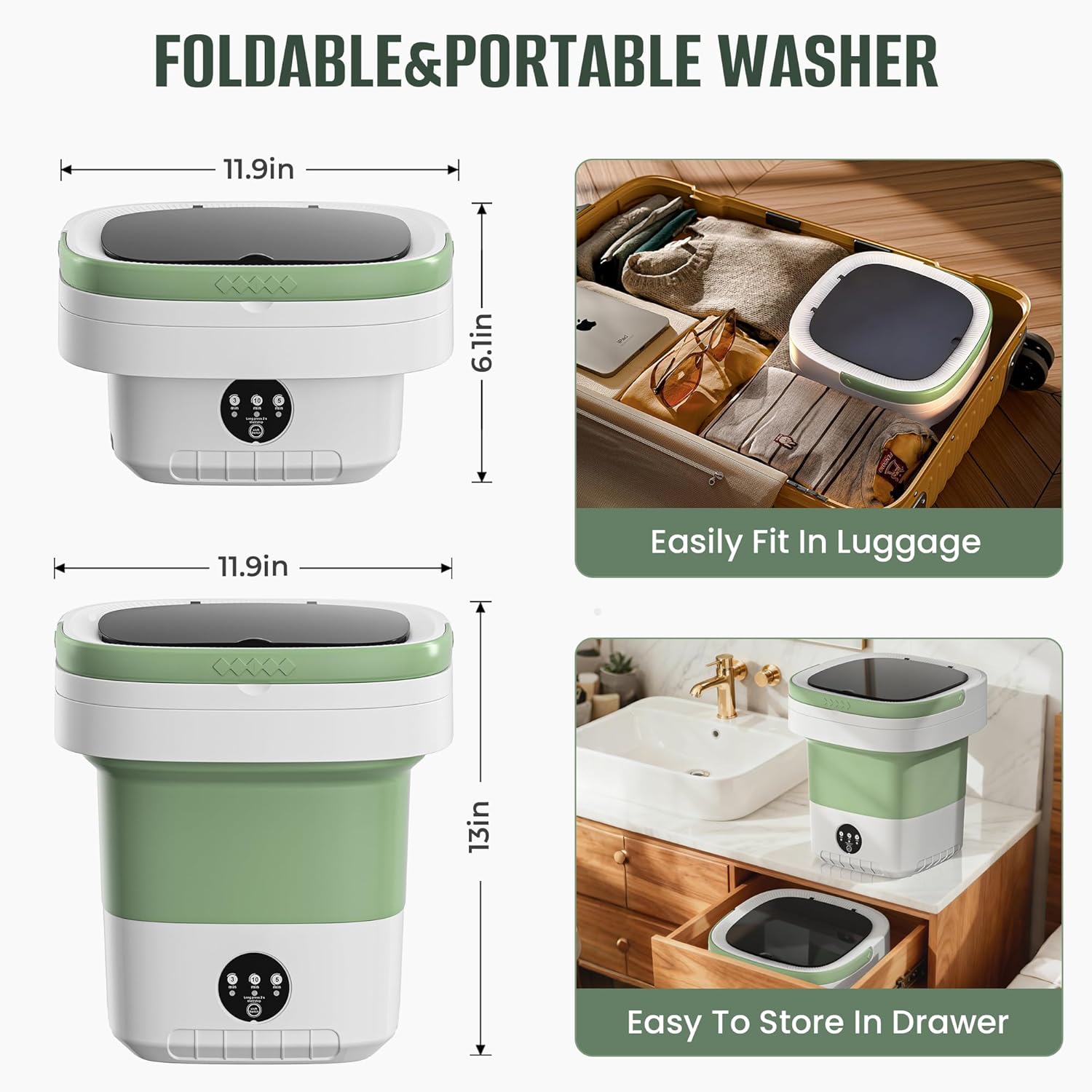 Portable Washing Machine,16L Upgraded Large Capacity Portable Washer With 3 Modes Deep Cleaning.Suitable For Travel, Camping,Apartments, Dormitories, Hotels (Green)
