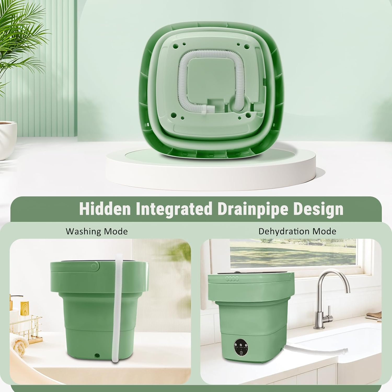 Portable Washing Machine, Foldable Personal Washer w/Integrated Drain Pipe and Spin Basket for Light Clothes, 3 Cleaning Modes, Blue Light Collapsible Laundry for Travel, Apartment, RV, Baby Clothes