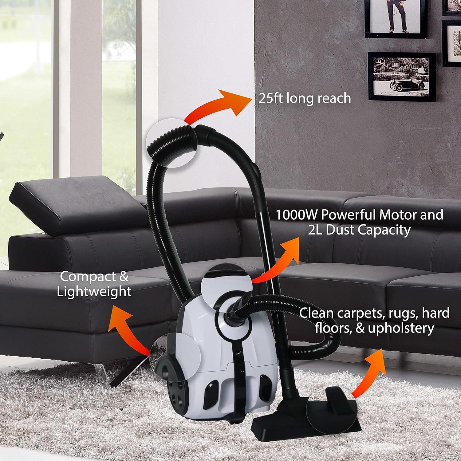 Impecca Bagged Canister Vacuum Cleaner for Carpets, Rugs, Hard Floors, Upholstery, Powerful 1000W Motor, 2L Dust Capacity, Includes 6 Cleaning Tools and 3 Bags, White