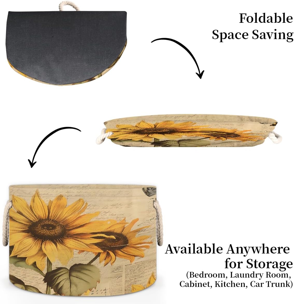 Vintage Style Bee Sunflower Round Storage Basket Laundry Hamper Collapsible Laundry Basket with Handles Large Canvas Storage Bin for Clothes Toys Nursery Bedroom Closet Organizer