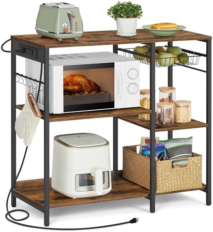 VASAGLE Baker's Rack, Coffee Bar Stand with Charging Station, 35.6 Inches Tall, Storage Shelves, Pull-Out Wire Basket, Table for Microwave, Kitchen, Rustic Brown and Ink Black UKKS036K01