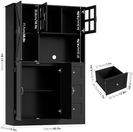 FINETONES Farmhouse Pantry Cabinet, Kitchen Pantry Storage Cabinet with Microwave Stand, Ktichen Hutch Food Pantry Cabinet with Open Countertop and Adjustable Shelf for Kitchen Dining Room, Black