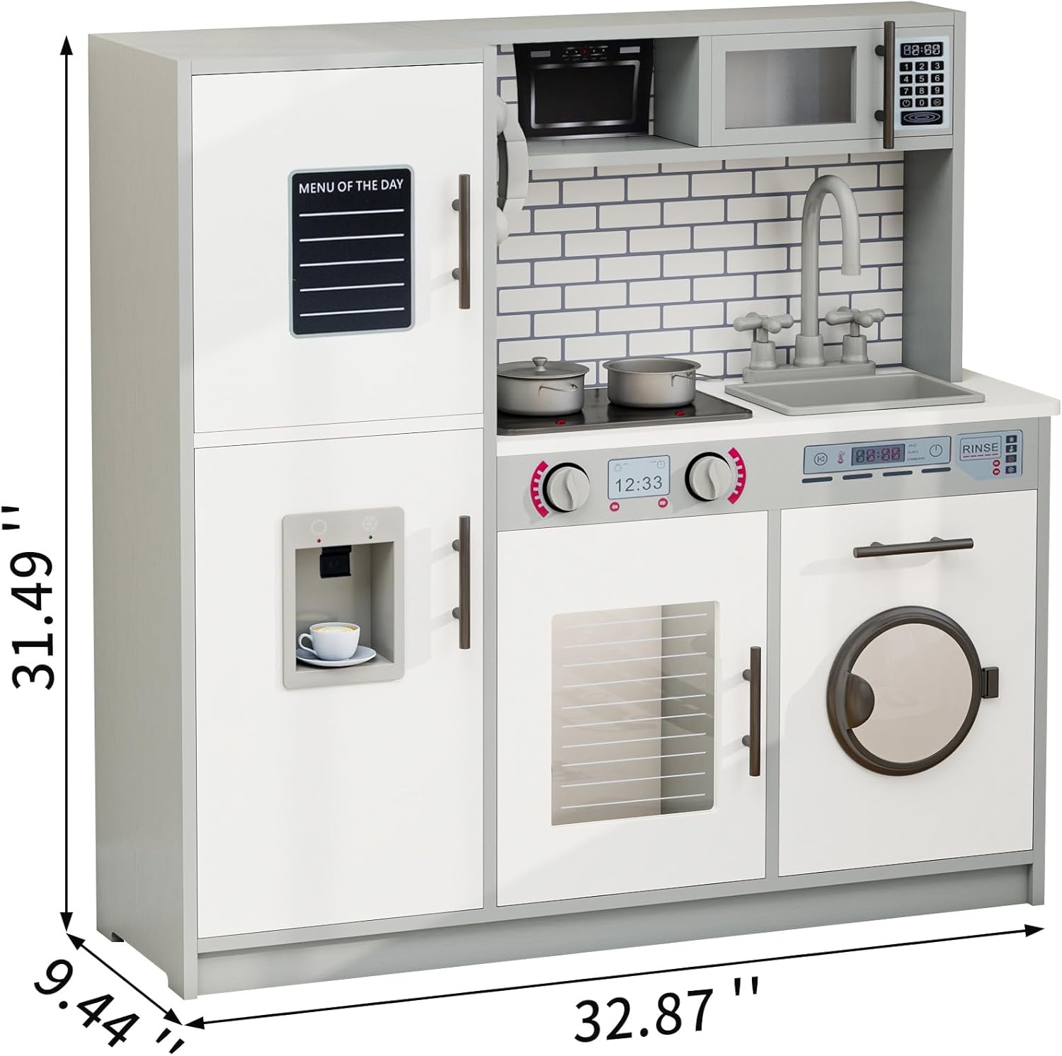 Kids Kitchen Playset with Lights & Sounds, Wooden Play Kitchen with Sink, Washing Machine, Ice Maker & Pretend Play Accessories, Educational Toy Kitchen Set for Toddlers, White