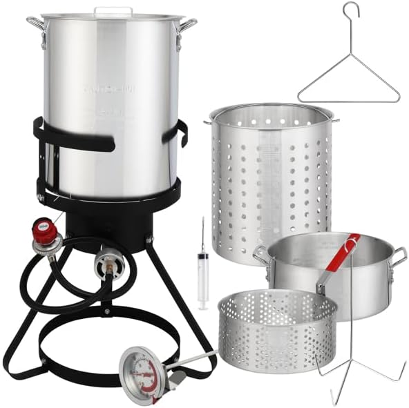 Turkey Fryer, 30Qt Quart. Aluminum Turkey Tripod Deep Fryer Pot with 12'' Probe Thermometer and 54,000 BTU Outdoor Propane Stove Burner Stand (Complete Set of Tools)