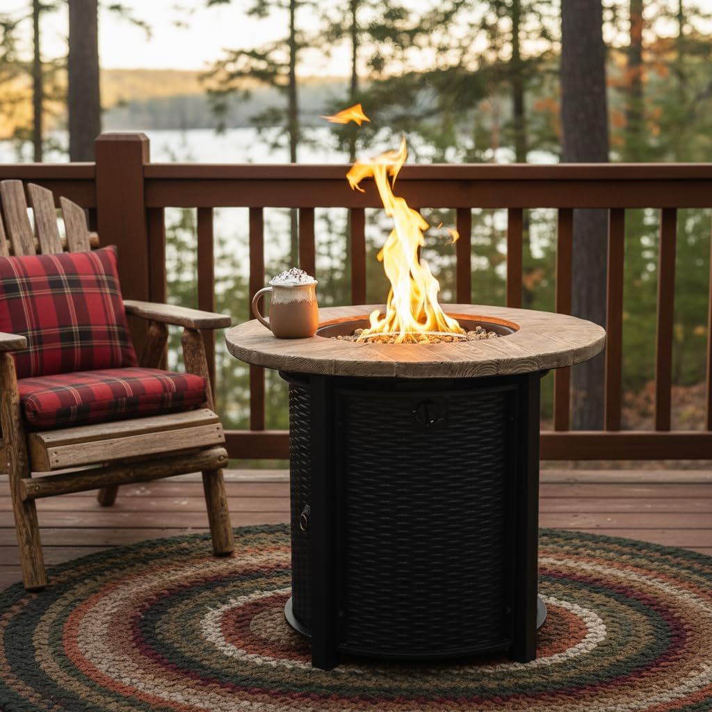 30-Inch Round Propane Fire Pit Table, 50,000 BTU Outdoor Gas Fire Table with Wood Grain Top, Black Steel Base, Hidden Tank Storage, Glass Beads for Patio Deck Backyard