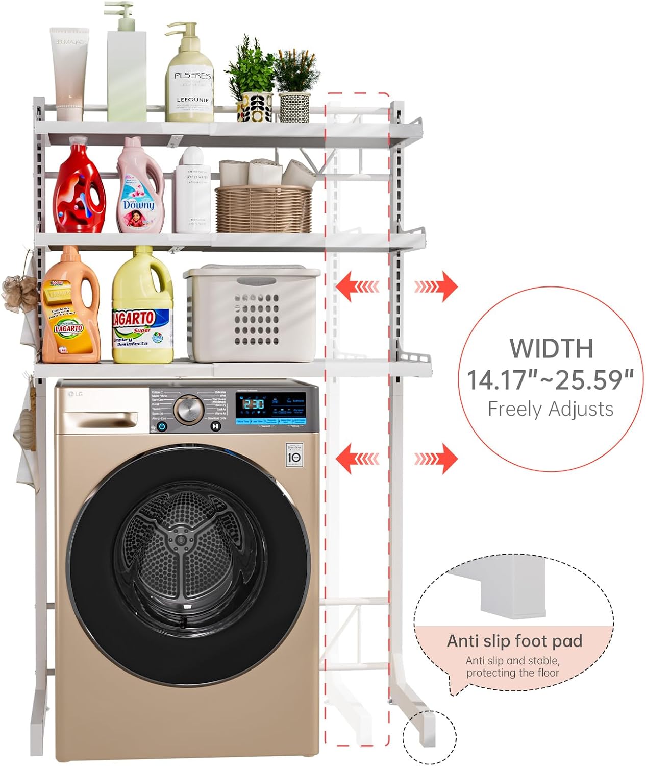 Carbon Steel Over Washer and Dryer Shelf, 2 Tier Bulkhead Laundry Room Storage and Organization Riser, Above Toilet Rack, (14.17“-25.59”) W*15.75 “D*63.39 ”H, White
