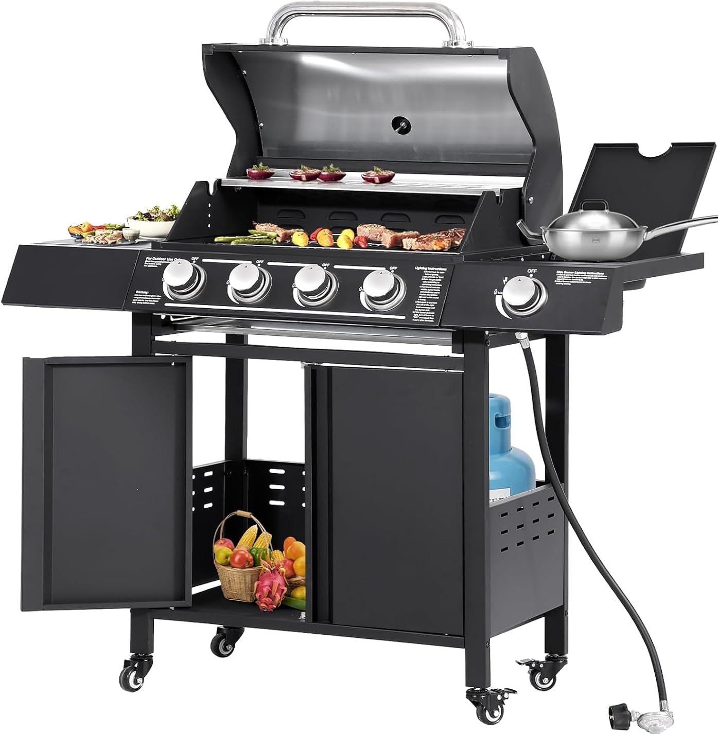 MAGIC UNION 4-Burner Propane Gas BBQ Grill with Side Burner, 50,000 BTU