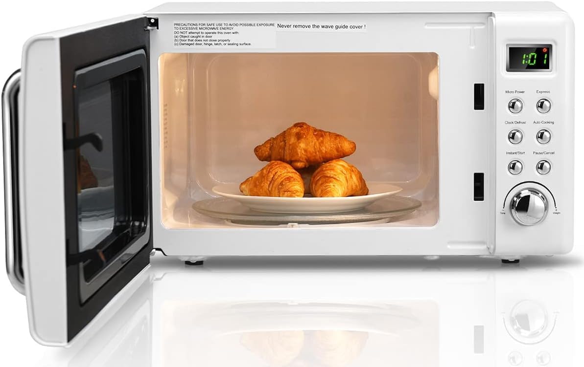 Retro Microwave Oven, 0.7cu.ft Countertop Microwave with Removable Turnable & Child Lock, Small Compact Microwaves w/8 Auto-cooking Set, Defrost, 5 Micro Power & Timer, 700W, White