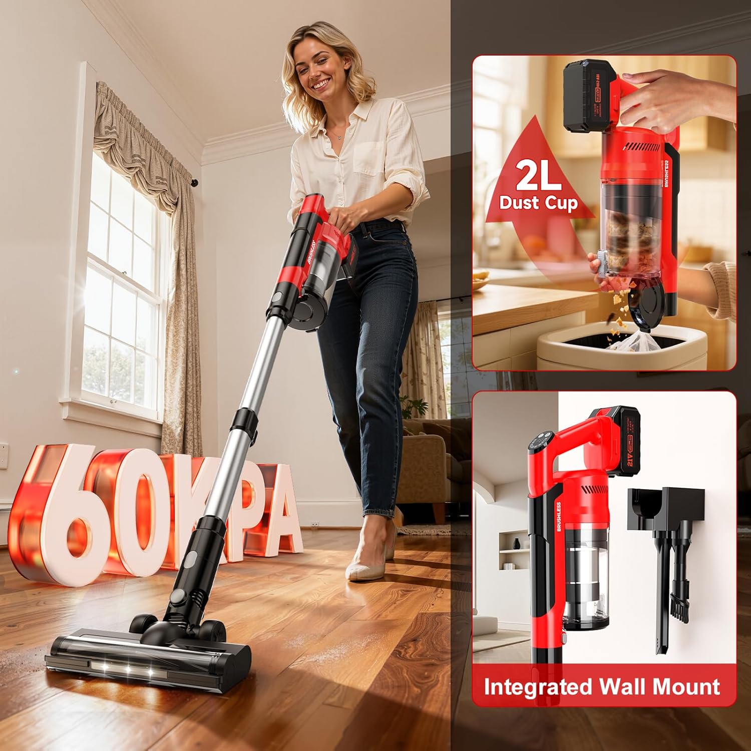 700W 60kPa Cordless Vacuum Cleaner, 8000mAh Brushless Vacuum Cleaners for Home, 6 in 1 Lightweight Stick Vacuum with Mount, 3 Suction Modes, Portable Handheld Cordless Vacuum for Pet Hair/Carpet/Floor