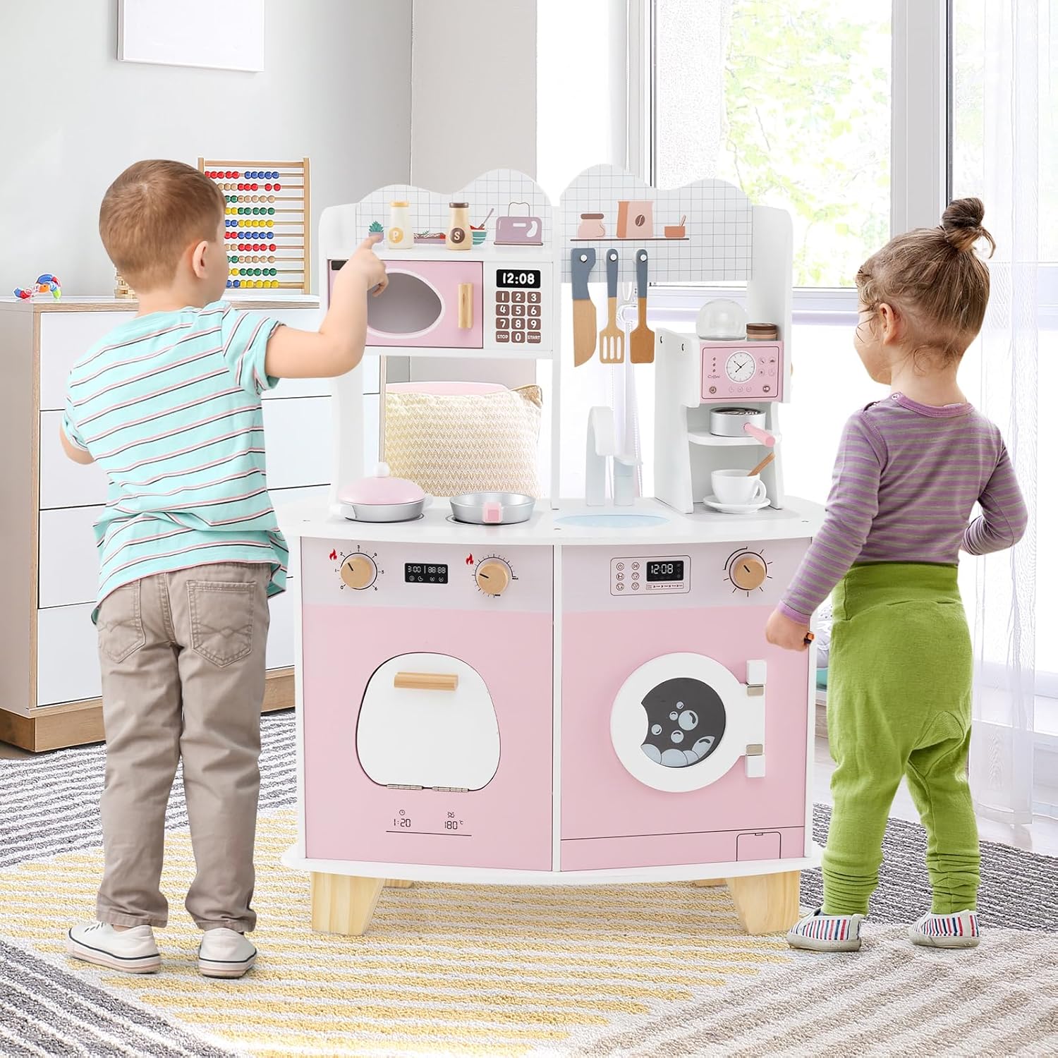 Costzon Play Kitchen, Wooden Toy Kitchen Set with Coffee Maker Playset, Washing Machine, Microwave, Oven, Pretend Play Cooking Accessories, Kids Kitchen Playset, Gift for Boys Girls (Pink)