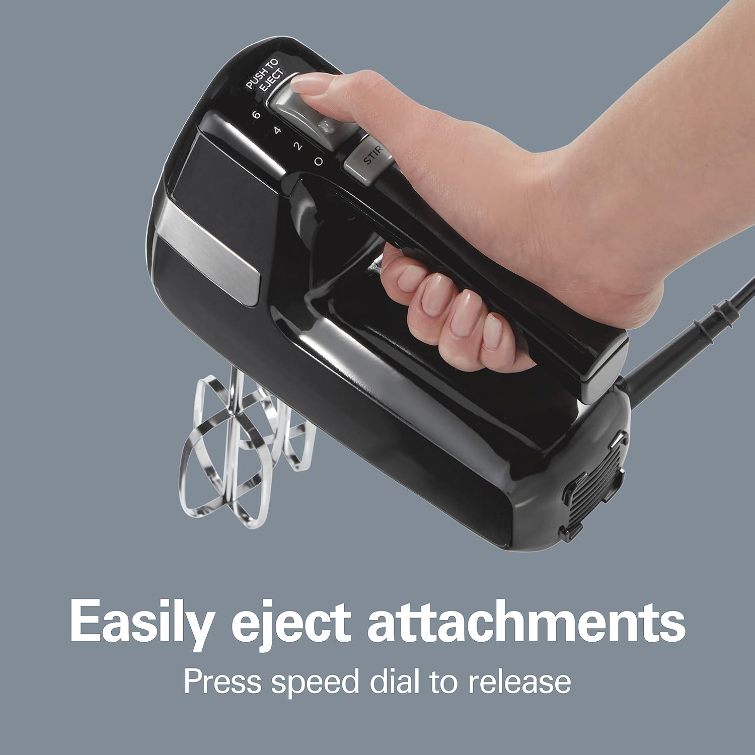 Hamilton Beach Electric Hand Mixer, 6 Speeds + Stir Button, 300 Watts of Peak Power for Powerful Mixing, Includes Whisk and Storage Clip, Black (62628)