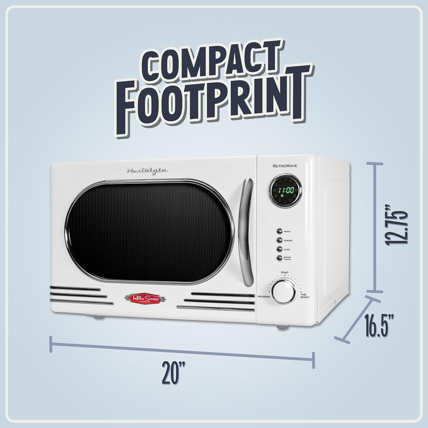 Nostalgia Retro Countertop Microwave Oven - 1.1 Cu Ft & 1000 Watt Power- Easy to Clean with Removable Glass Turntable - Child Safety Lock - 12 Programs - Digital Clock - White