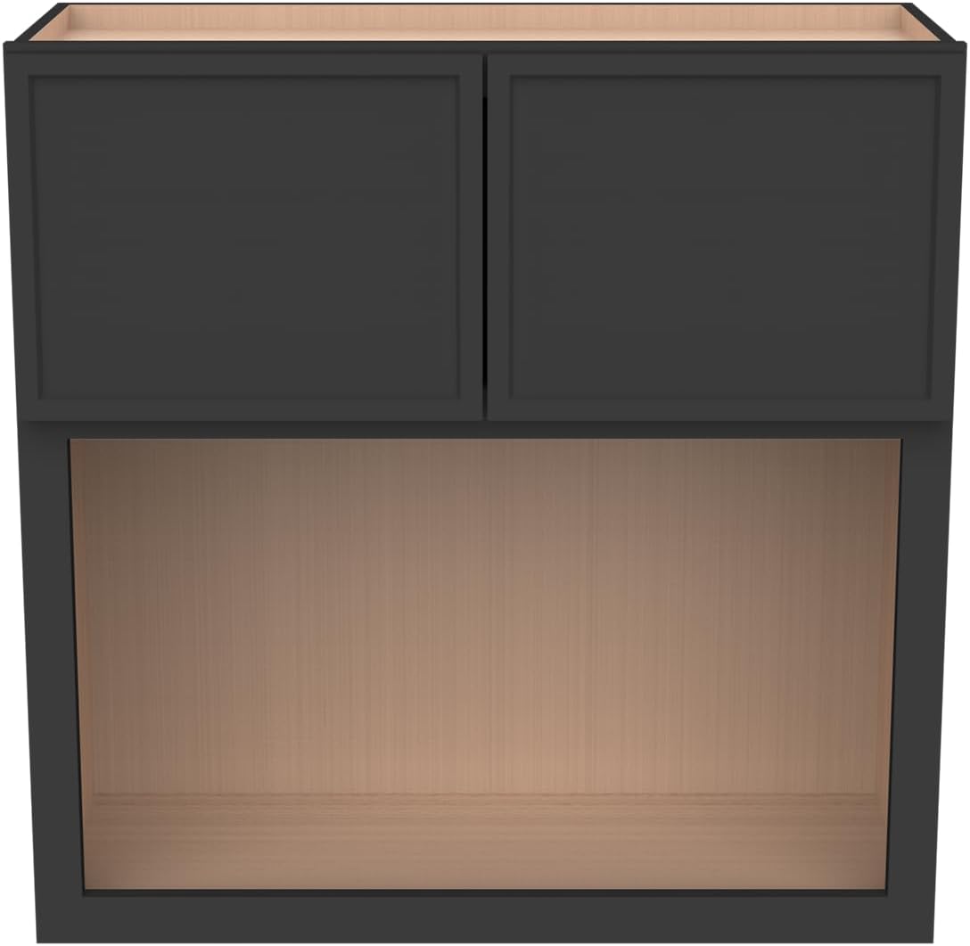 Solid Wood RTA Wall Microwave Cabinet with Open Shelves – Shaker Style, Space-Saving Kitchen Pantry Storage, Durable and Versatile Wall-Mounted Organizer (NT-Charcoal Black, 30