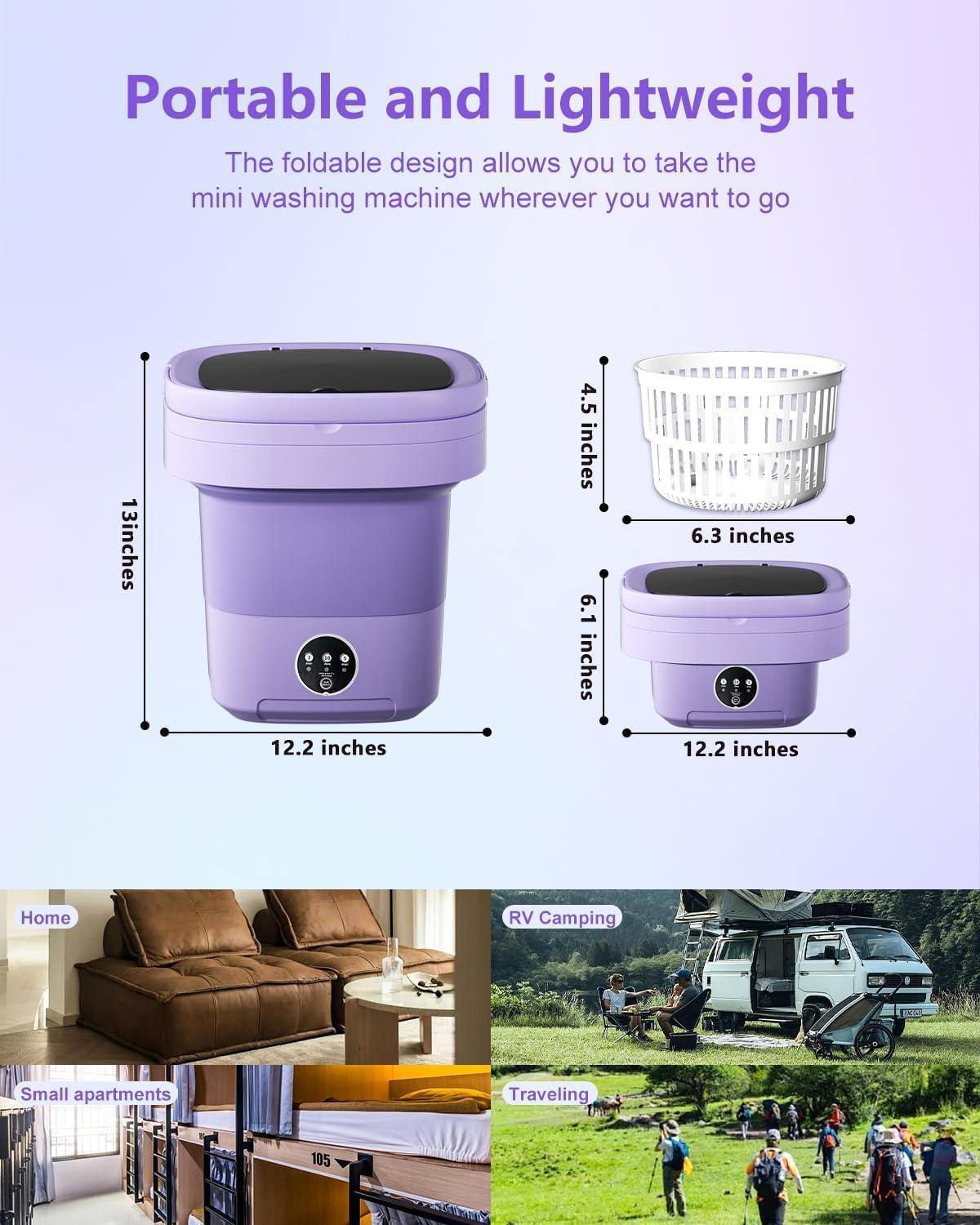 16L Portable Washing Machine, Small Portable Washer and Dryer Combo Mini Foldable Washing Machine Collapsible Bucket with Drain Basket for Apartment, Underwear, Socks, Baby Clothes (Purple)