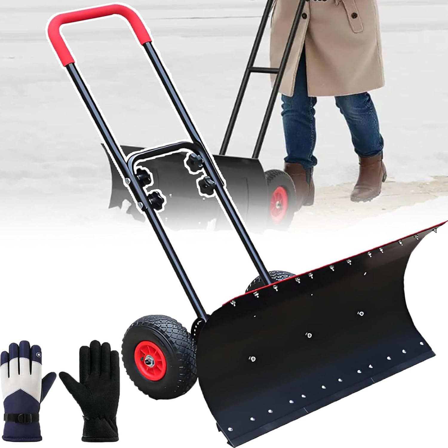 Heavy-Duty Rolling Snow Shovel with Adjustable Handle, 74 * 42cm Wide Dual-Purpose ice and Snow Removal Blade, with Anti-Slip Wheels, Foldable Steel Construction, for de-Icing, Snow Removal