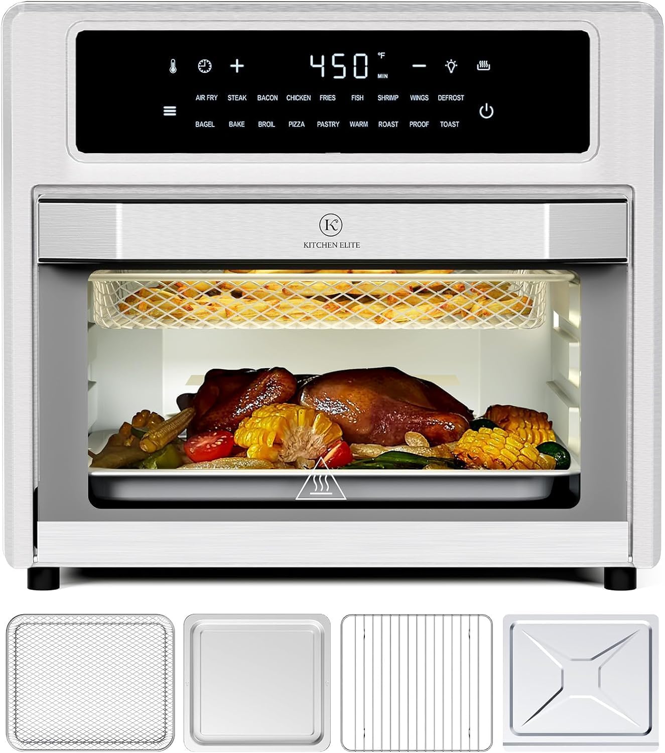 Kitchen Elite Air Fryer Toaster Oven Combo,26.4 Qt Large Countertop Oven,18 Presets & 1 Preheat & Light,With Airfryer Basket,Wire Rack,Baking Pan,Crumb Tray,Multi-Layer Cooking,Stainless Steel