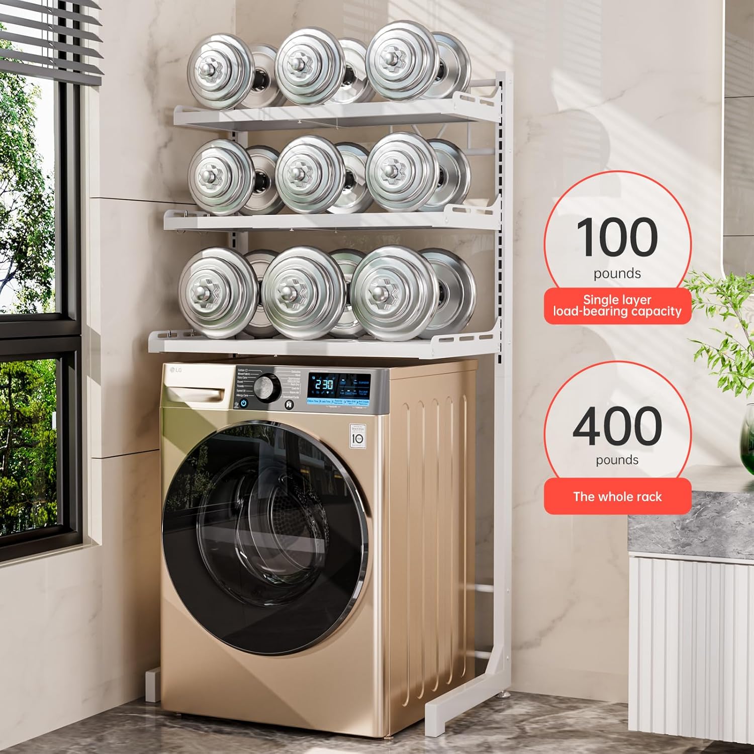 Carbon Steel Over Washer and Dryer Shelf, 2 Tier Bulkhead Laundry Room Storage and Organization Riser, Above Toilet Rack, (14.17“-25.59”) W*15.75 “D*63.39 ”H, White