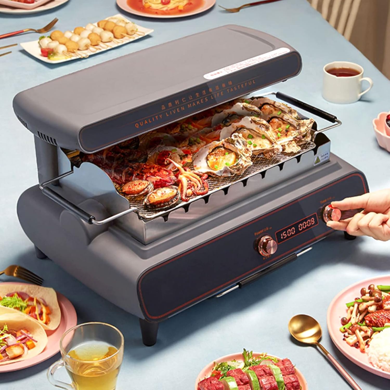 Electric Smokeless Table Top Grill, Electric BBQ Grill 1500 W for Indoor Outdoor, Electric Table Top Grill Camping Cooking Cast, with Drip Tray for Kitchen Dinner Party Camping Festival Cooking