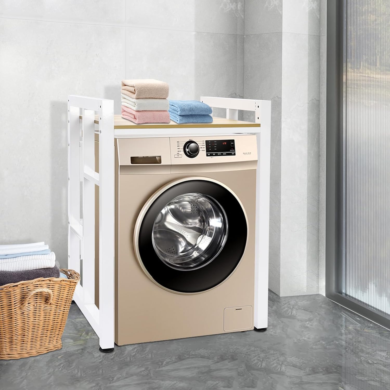 Washer Dryer Stacking Rack Stand, Washer and Dryer Storage Shelf, Organizer Rack for Bathroom Laundry Room (White)