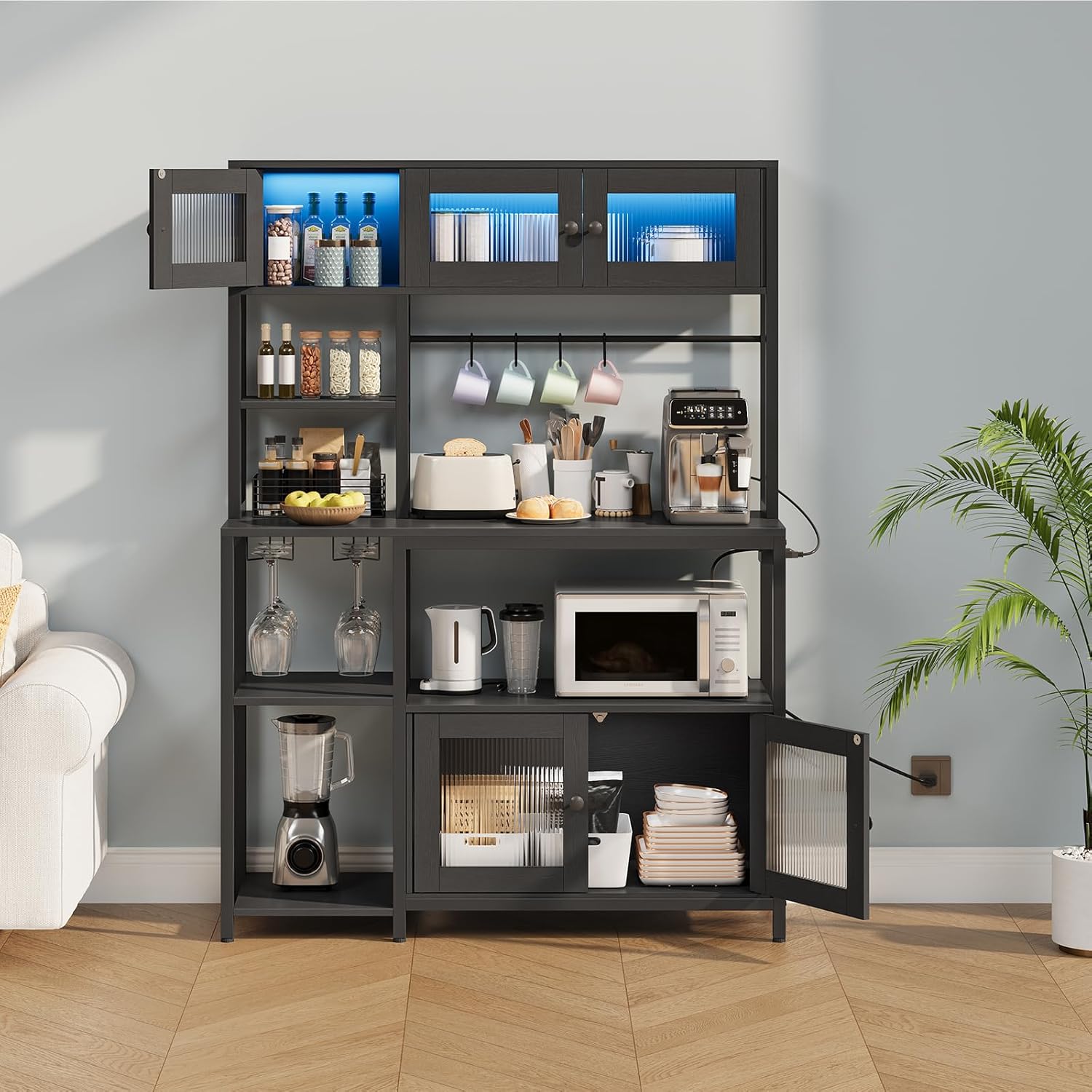 HOOBRO Bakers Rack with Power Outlet and LED Light, 45.3 Inch Microwave Stand with Shelves, Coffee Bar Cabinet with Wine Rack & 4-S Hooks, Kitchen Utility Storage Shelf with Cabinet, Black BB16UDHB01
