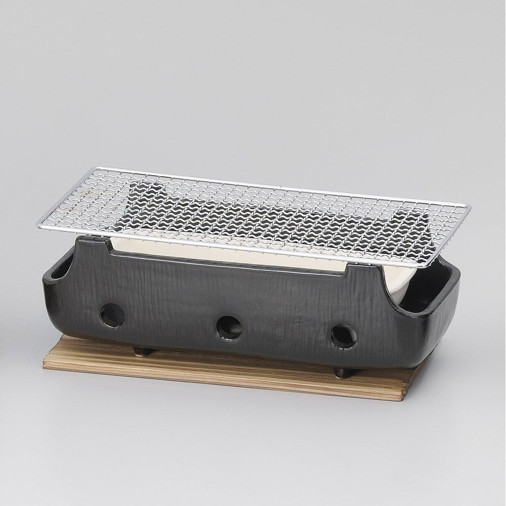 Black Skewer Grill Stove (Large) (With Wire Net/Board) (Banko Ware) [32 x 14 x 11.5 cm 2,200 g] [Stove] Can be used with direct fire | Restaurants, Ryokan, Japanese tableware, restaurants, stylish,