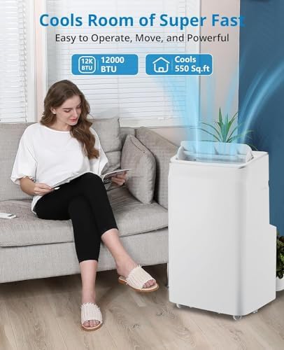 2024 Upgraded 12000 BTU Portable Air Conditioner, 3-in-1 Cooling, Dehumidifier & Fan for Rooms Up to 550 Sq. Ft, Remote Control, Sleep Mode, Timer, 3 Speeds, Auto Swing