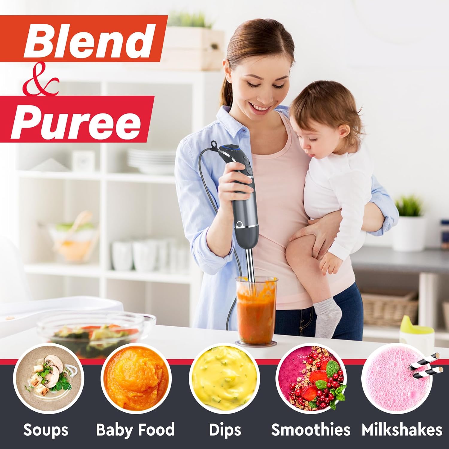 Mueller Multistick 5-in-1 Immersion Blender Handheld,12 Speed Hand Mixer-Turbo Boost,Heaviest Duty Copper Motor,Titanium reinforced Blades Hand Blender,Milk Frother Wand,Whisk,Beaker,Chopper,Grey