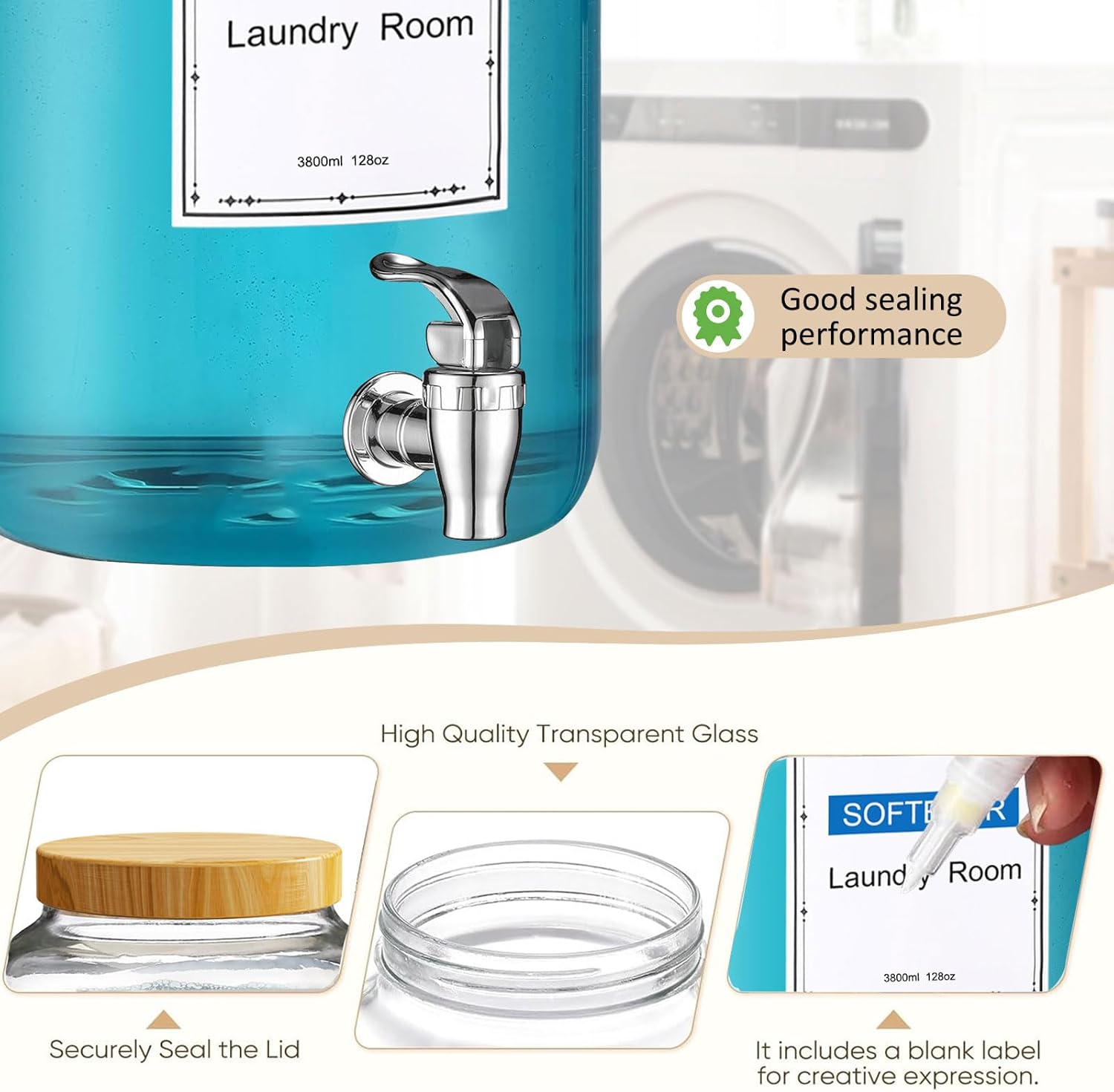 Laundry Detergent Dispenser,with Bamboo Stand 2 Sets 1 Gallon Glass Liquid Laundry Detergent Dispenser,for Bleach, Fabric Softener,Laundry Soap Dispenser,for Laundry Room Organization and Storage