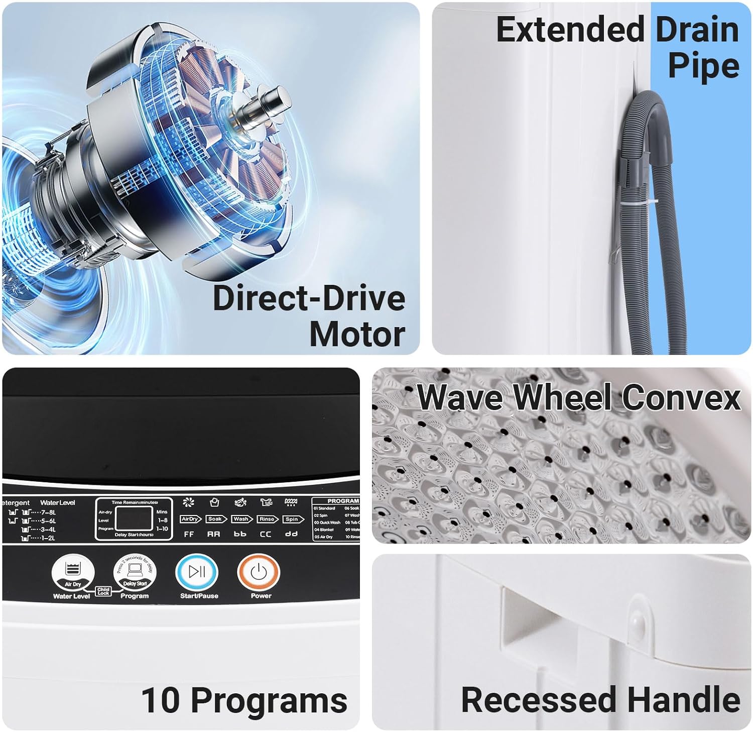 16 lbs Portable Washing Machine, 2.0 Cu.Ft Capacity Full Automatic Washer for Homes & Apartments, 8 Wash Programs, Compact Laundry Washer for Homes & Apartments, Dorm, Small Spaces