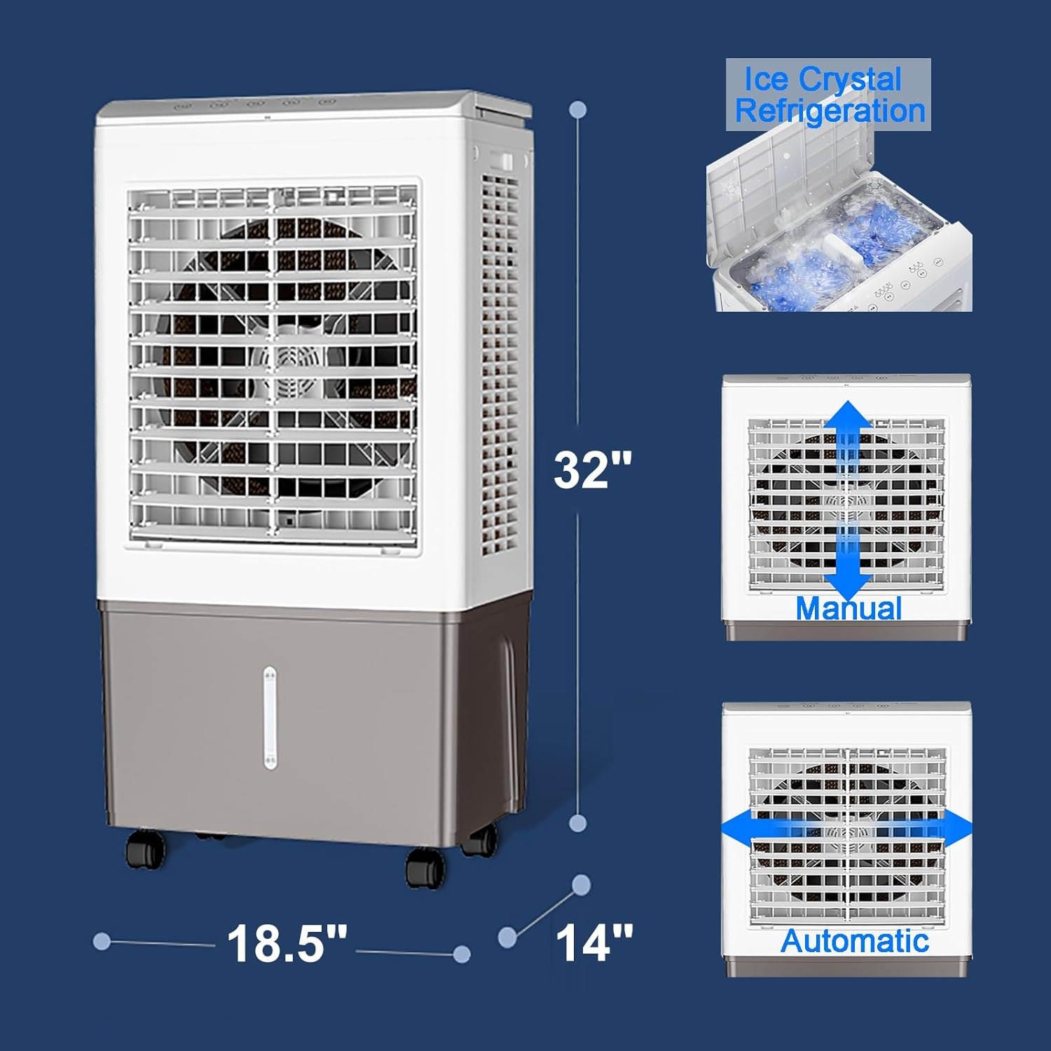 Swamp Cooler Air Conditioners, 110V Large Tank for 3D Cooling, Portable Evaporative Cooler with LED Touch Screen, 3 Fan Speeds, 12H Timer & Remote, air Cooler for Bedroom(18.5x14x32inch)